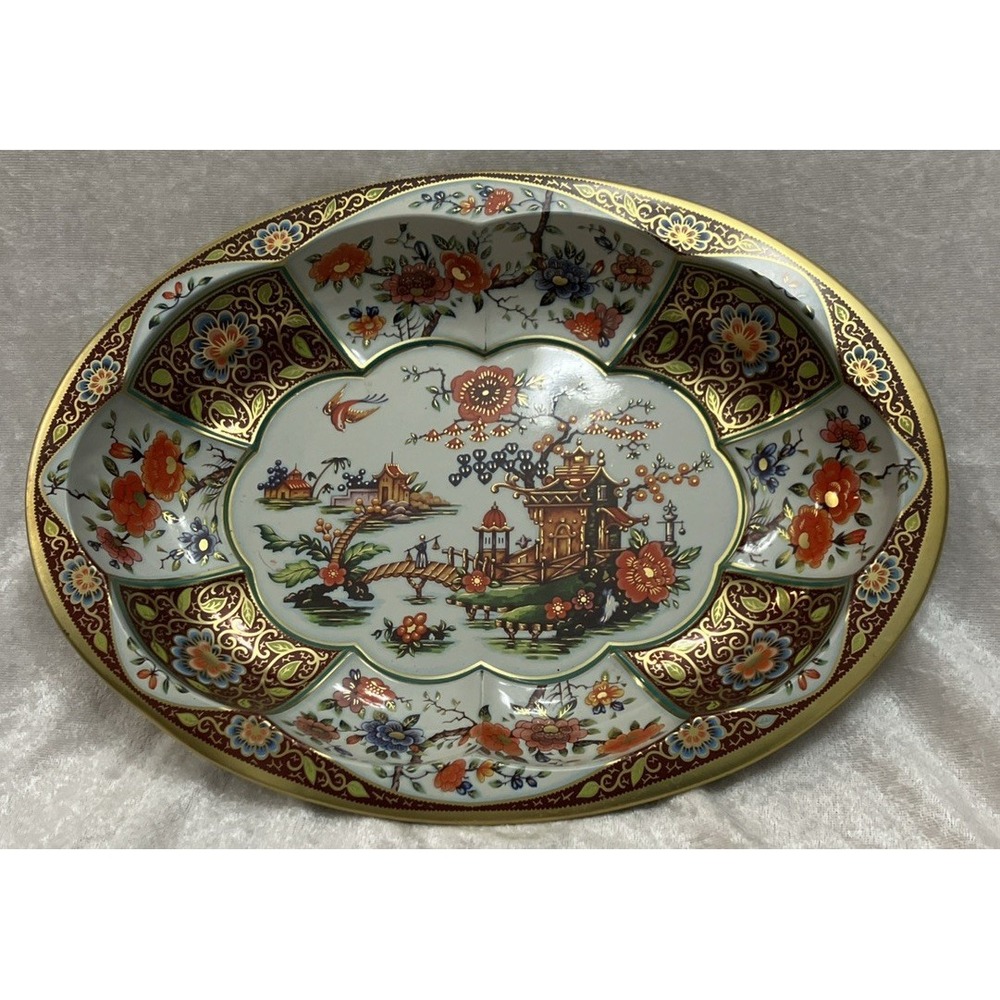 Daher Decorated Ware Tin Bowl Large Oval 13” Gold Floral Scenic 1971 England VTG